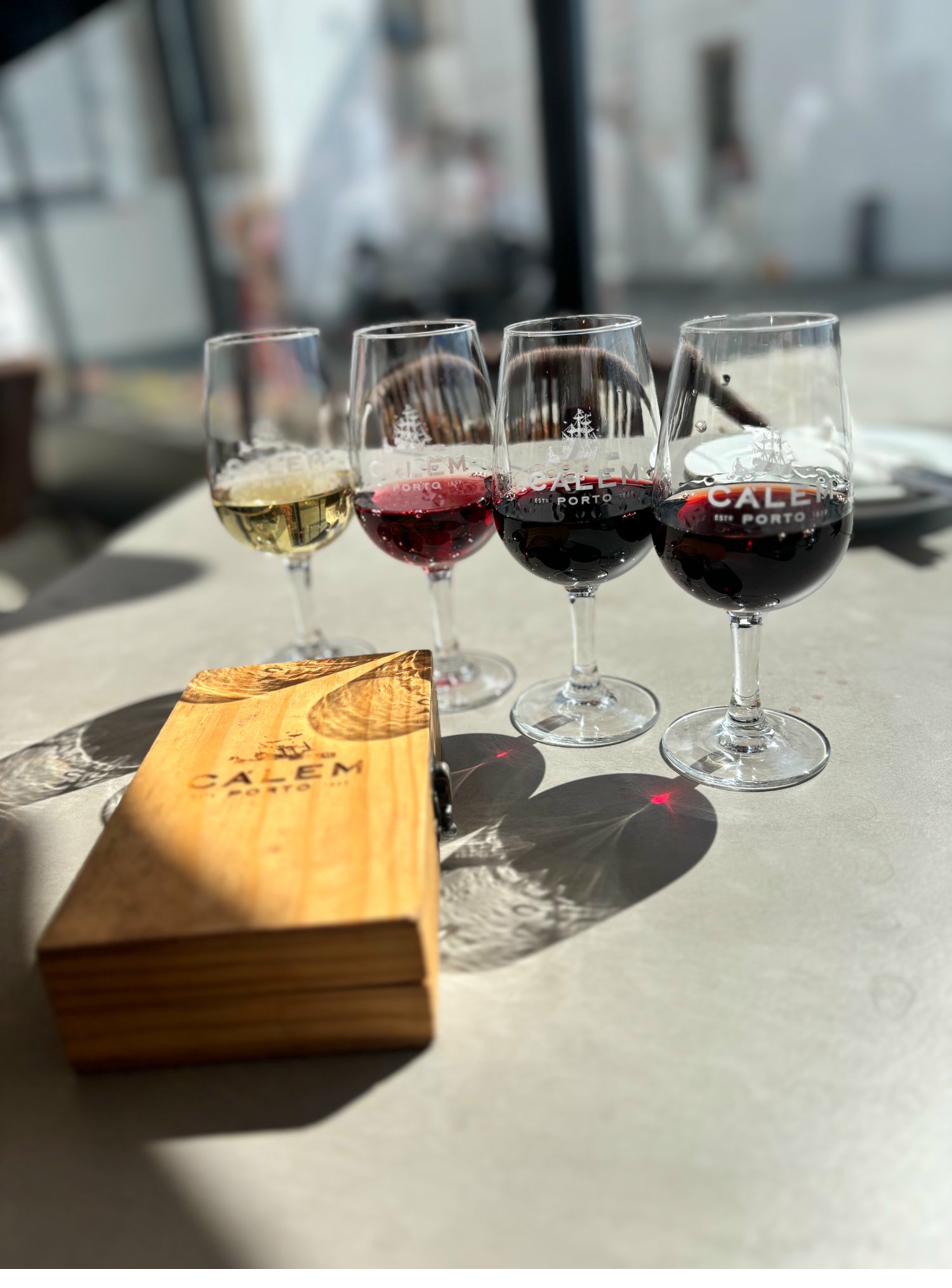 Calem Port tasting flight in sunlight, Porto