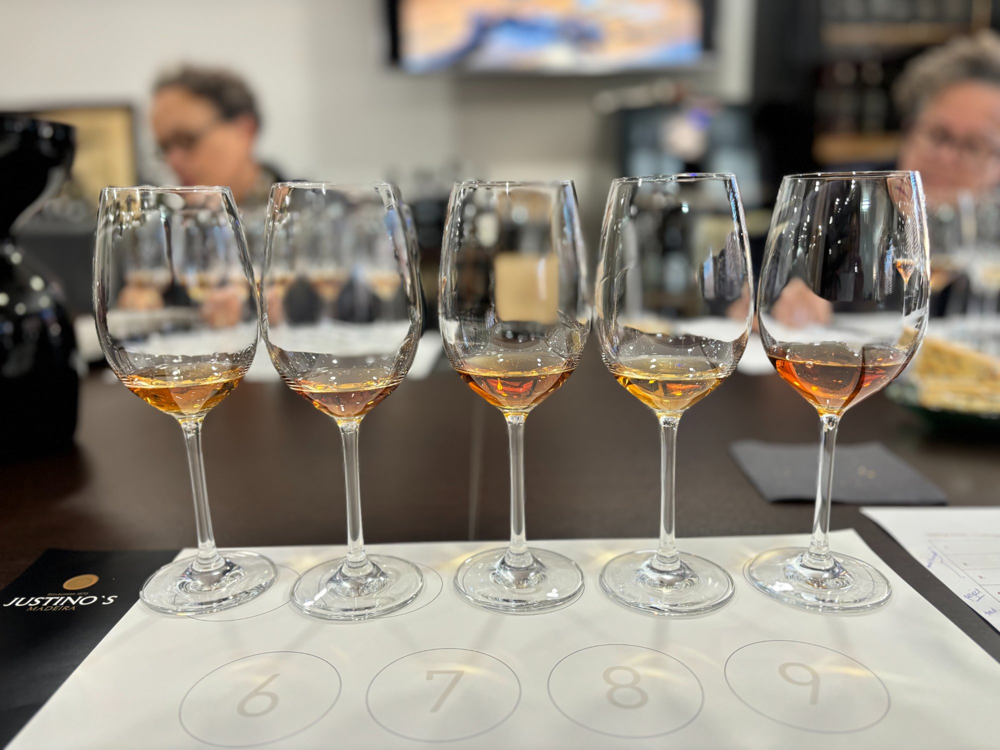 Madeira tasting flight at Barbeito, five glasses of aged wine